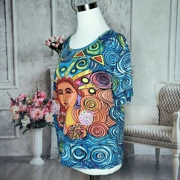 LIFE Style Blue Pullover Crew Neck Short Sleeve Wearable Art T-Shirt Size Small - Picture 6 of 10